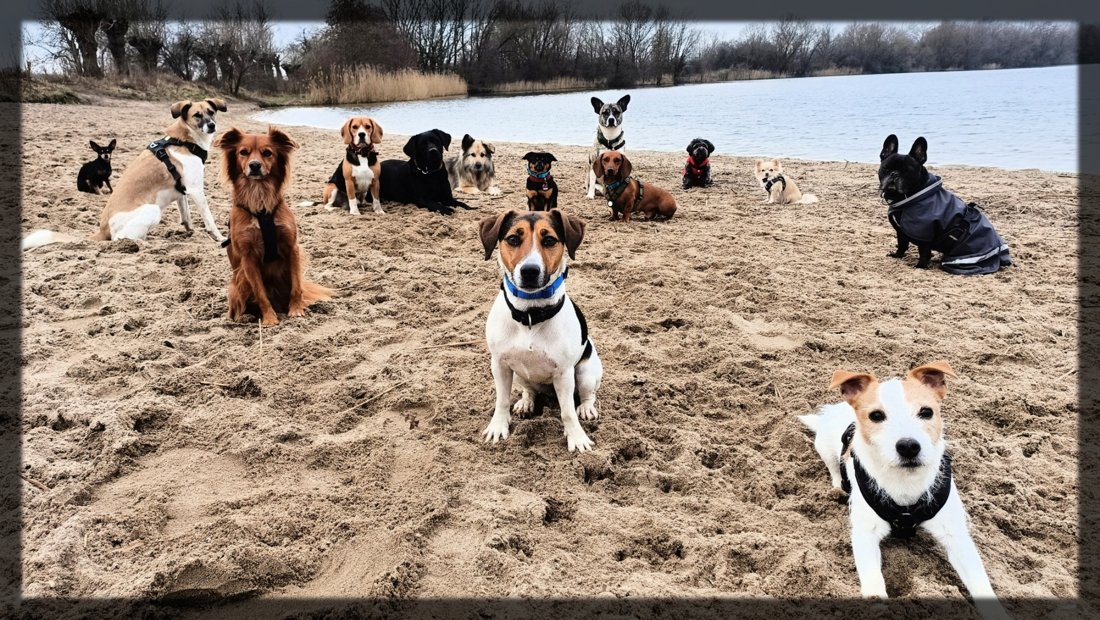 Gassigruppe mit vielen Hunden am Strand